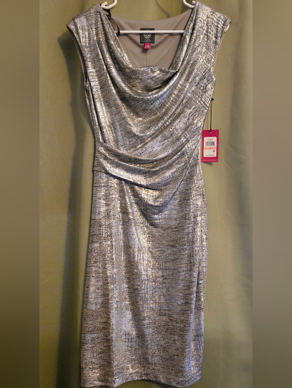 Vince Camuto Metallic Silver Draped Midi Dress